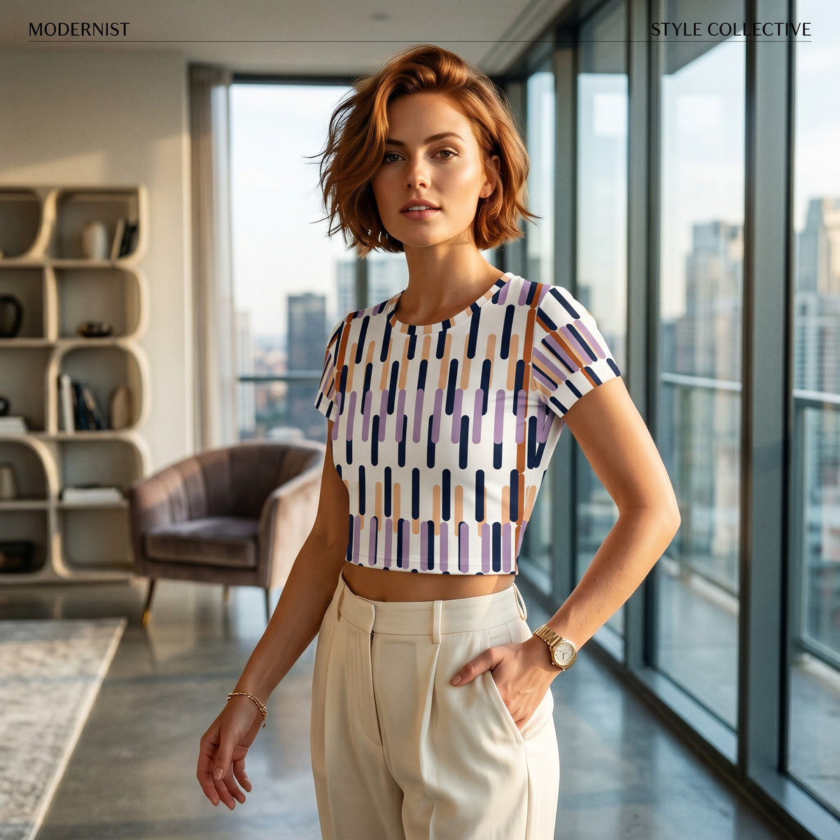 Good Wishes 365 crop tee with a geometric purple and orange pattern, worn by a woman in a modern apartment.