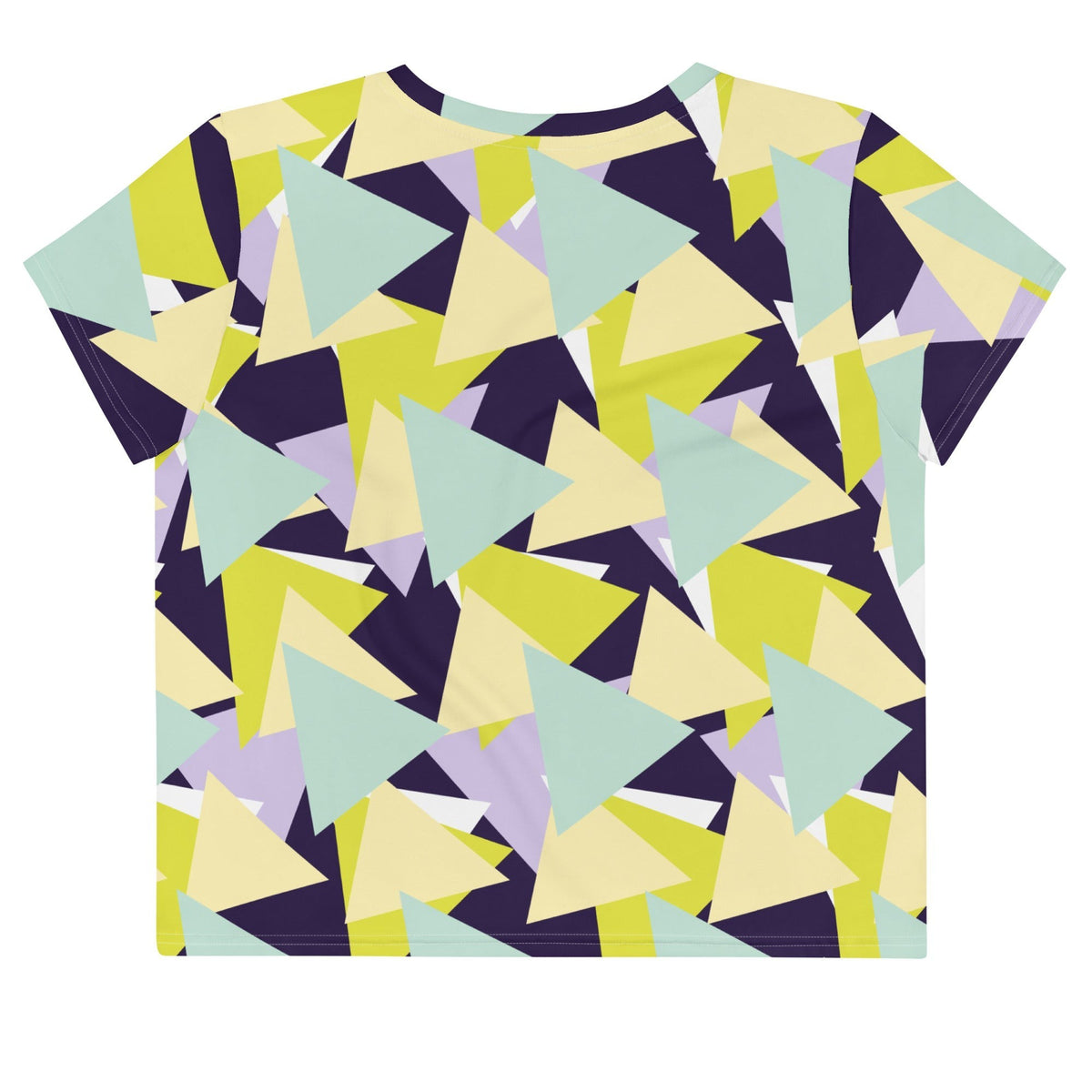 Good Wishes 365 crop tee featuring a vibrant multi-colored geometric triangle print on a crew neck short sleeve shirt.