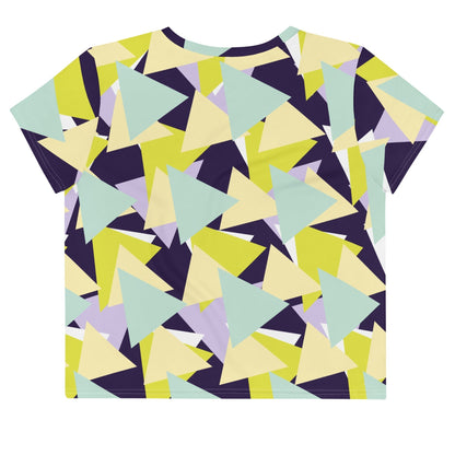 Good Wishes 365 crop tee featuring a vibrant multi-colored geometric triangle print on a crew neck short sleeve shirt.