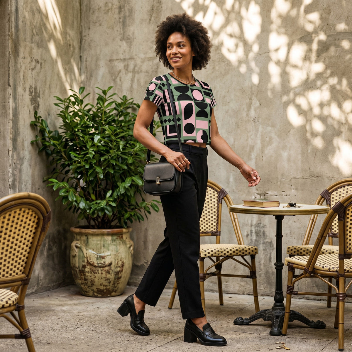 Good Wishes 365 crop tee with pink, green, and black geometric print worn by a woman in a cafe setting.