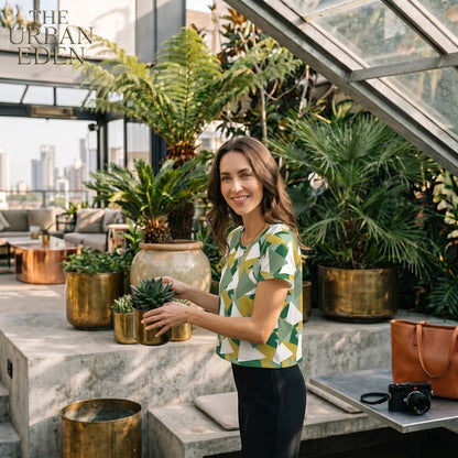 Good Wishes 365 woman wearing a geometric print crop tee in a lush greenhouse setting with potted plants