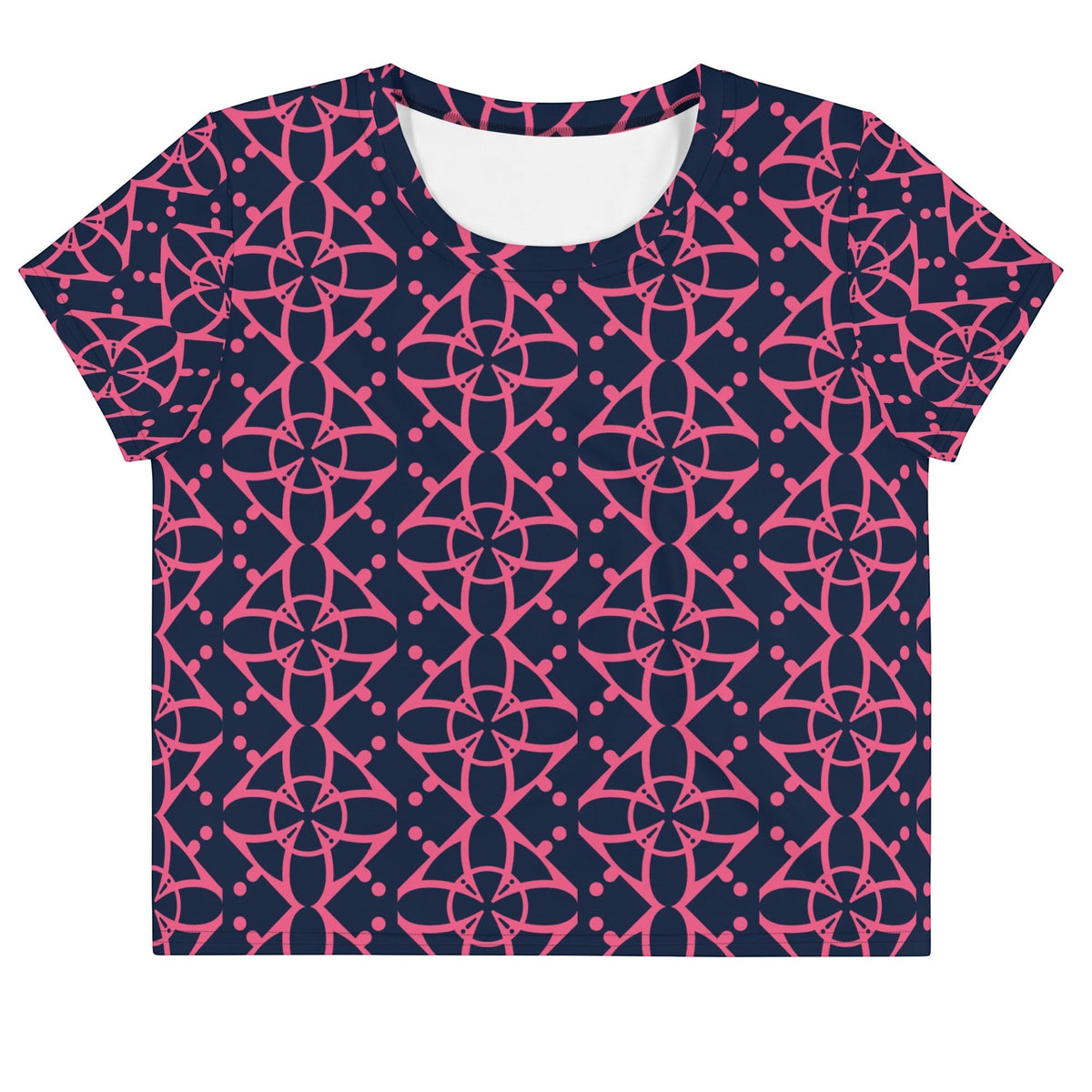 Good Wishes 365 navy blue crop tee with a vibrant pink interconnected geometric pattern and crew neckline.