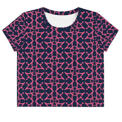 Good Wishes 365 navy blue crop tee with a vibrant pink interconnected geometric pattern and crew neckline.