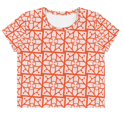 Good Wishes 365 crop tee with a vibrant orange and light pink geometric floral all-over print on stretchy jersey fabric