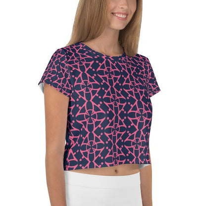 Good Wishes 365 navy blue crop tee with a vibrant pink geometric pattern, featuring a crew neckline and short sleeves.