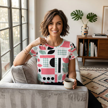 A woman wearing a Good Wishes 365 crop tee with a mint, red, and black geometric print, sitting on a grey sofa.