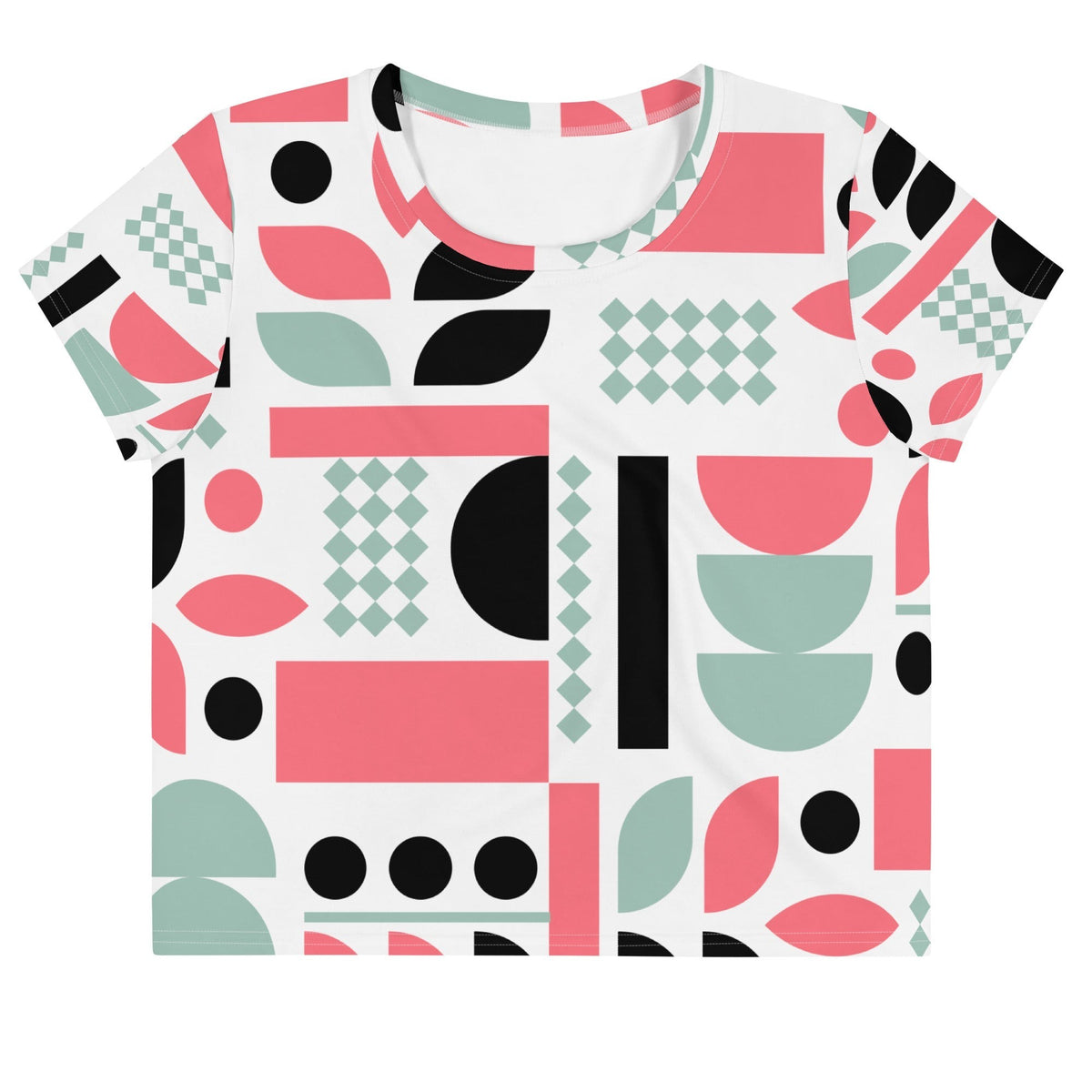 Good Wishes 365 crop tee with pink, mint green, and black geometric abstract pattern on a white crew neck shirt.