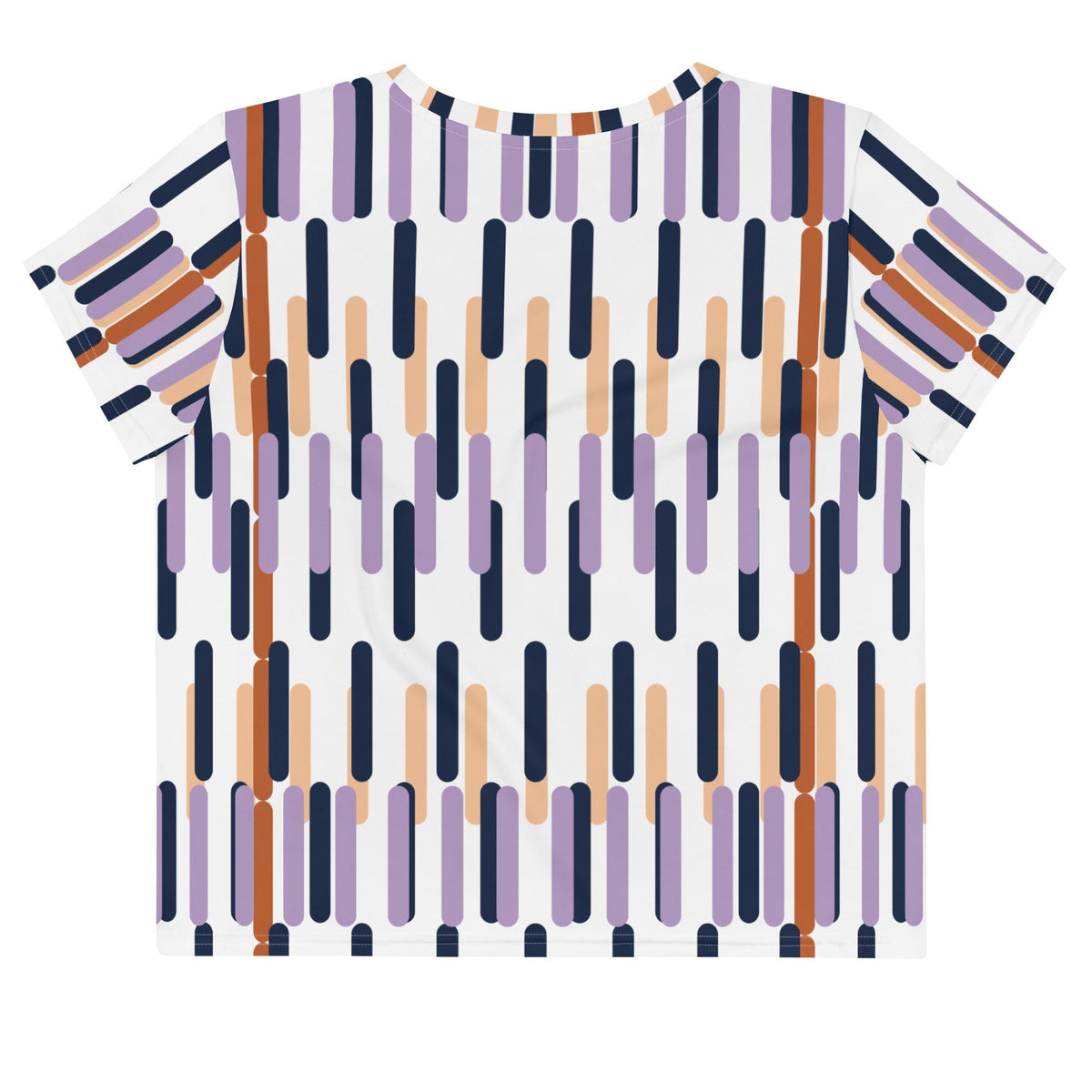 Good Wishes 365 crop tee with a white base and an all-over geometric pattern of vertical purple, navy, and peach bars.
