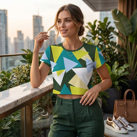 Good Wishes 365 crop tee with geometric triangle print in green, yellow, and blue, worn by a woman on a balcony.