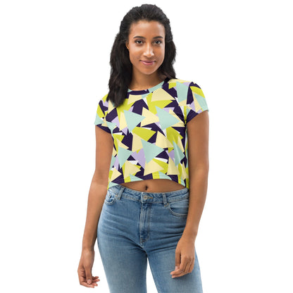 Good Wishes 365 model wearing a vibrant multi-colored geometric triangle print short sleeve crew neck crop tee