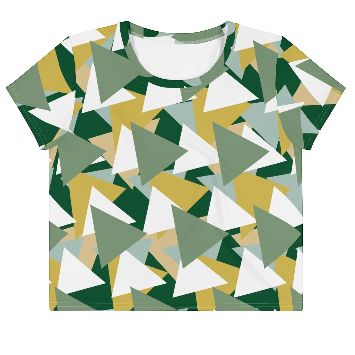 Good Wishes 365 crop tee with an all-over geometric triangle pattern in shades of green, white, and mustard yellow.