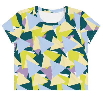 Good Wishes 365 crop tee with a multi-colored geometric triangle pattern in blue, yellow, and dark teal.