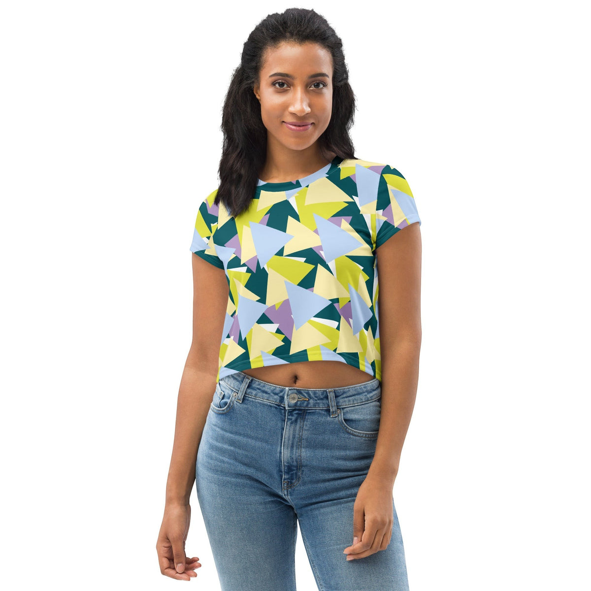 Good Wishes 365 multi-colored geometric triangle print crop tee worn by a woman with blue jeans