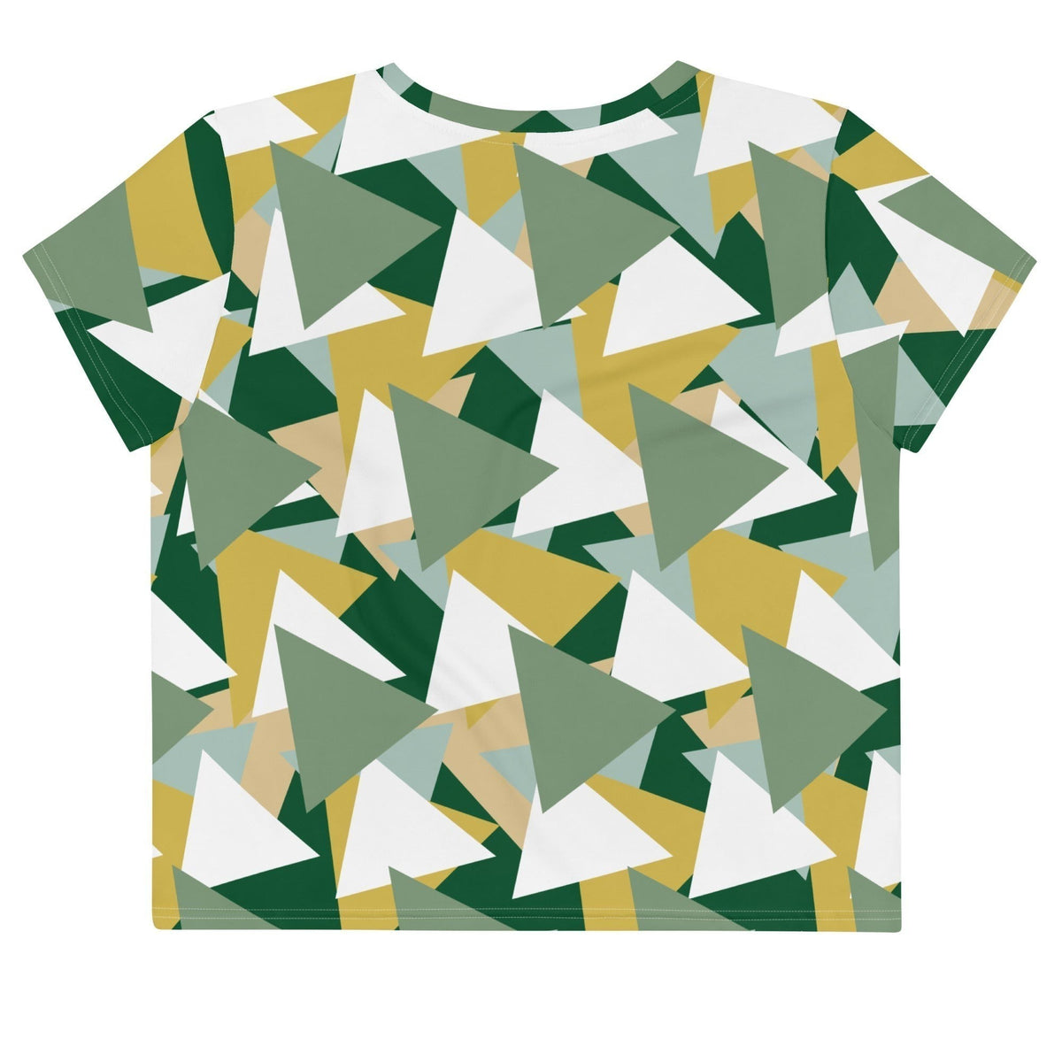 Good Wishes 365 crop tee featuring an all-over geometric triangle pattern in shades of green, white, and mustard yellow.