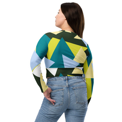 Good Wishes 365 long-sleeve crop top with geometric triangle print in forest green, lime, and blue, back view.