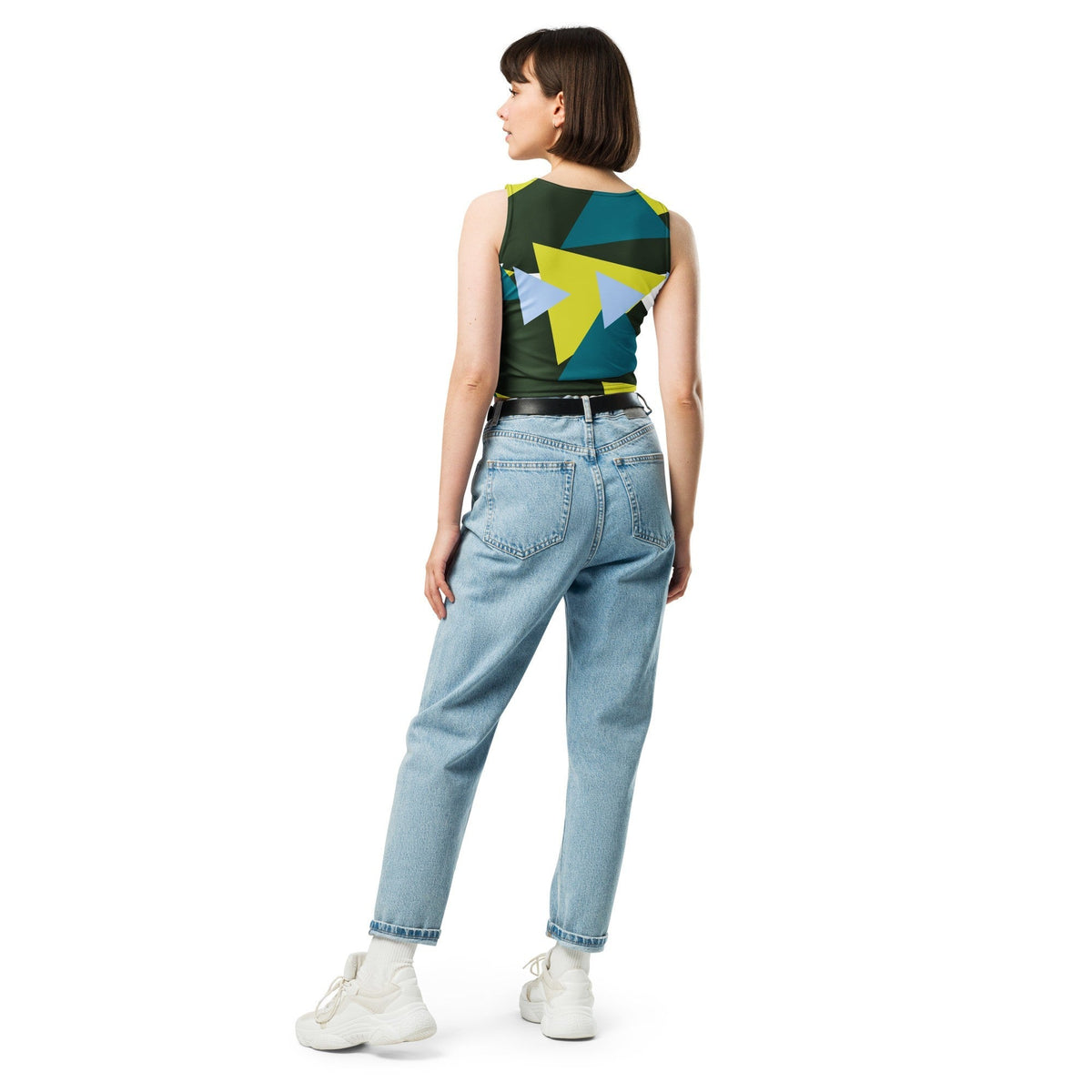 Good Wishes 365 sleeveless crop top with geometric triangle print in olive, yellow, and teal worn with blue jeans