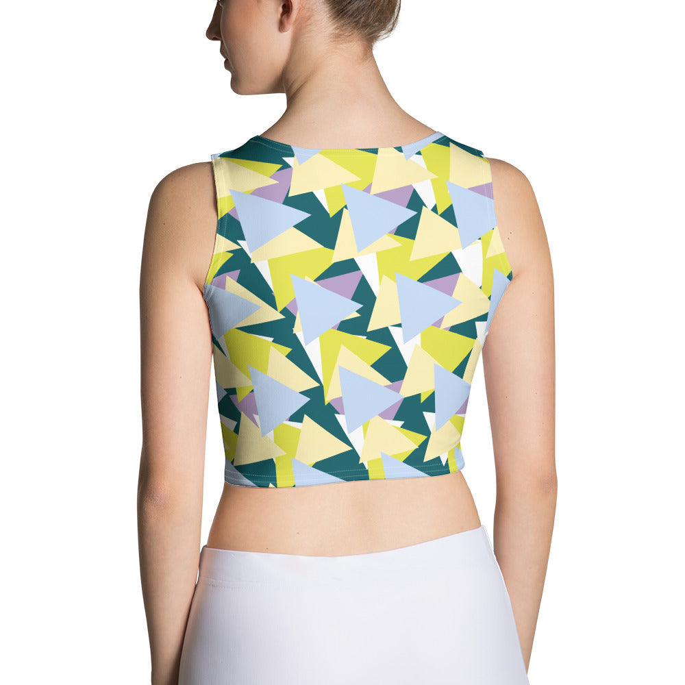 Good Wishes 365 sleeveless crop top with a geometric triangle print in lime, blue, teal, and lavender, back view.