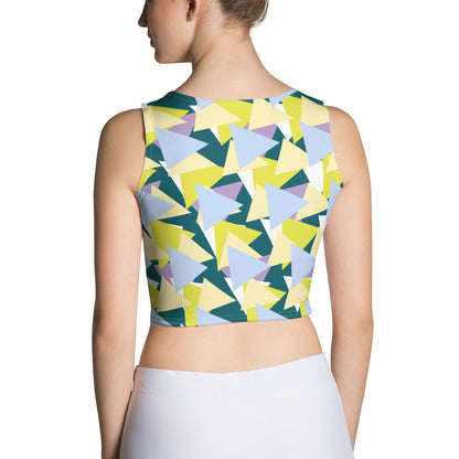 Good Wishes 365 sleeveless crop top with a geometric triangle print in lime, blue, teal, and lavender, back view.