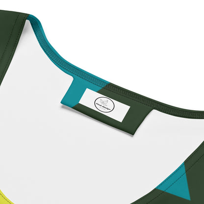Good Wishes 365 crop top featuring a scoop neckline and vibrant geometric triangle print in olive, teal, and yellow.