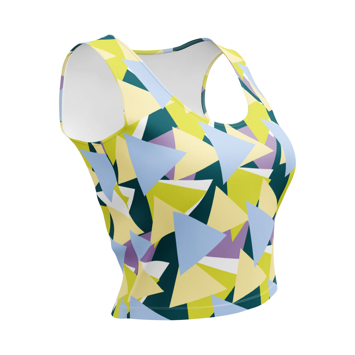 Good Wishes 365 sleeveless crop top featuring a vibrant geometric triangle print in lime, teal, blue, and lavender.