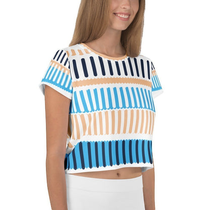Good Wishes 365 crop tee with Coastal Rhythm III deep sky blue all-over print on smooth stretch jersey fabric