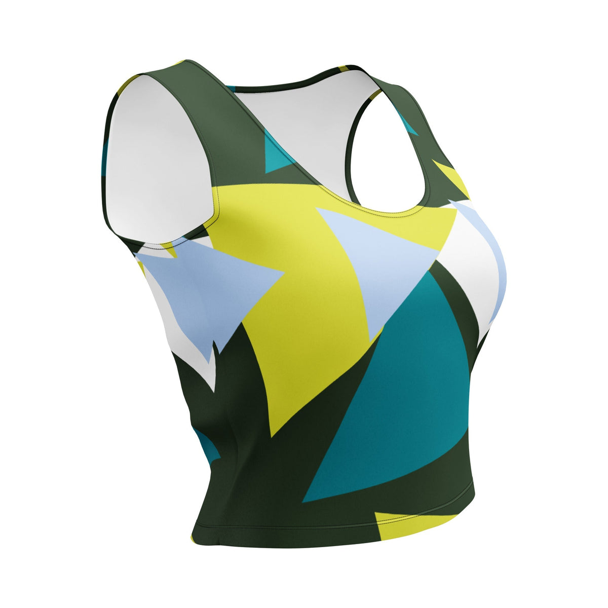 Good Wishes 365 sleeveless crop top with a vibrant geometric triangle print in olive green, yellow, teal, and blue.