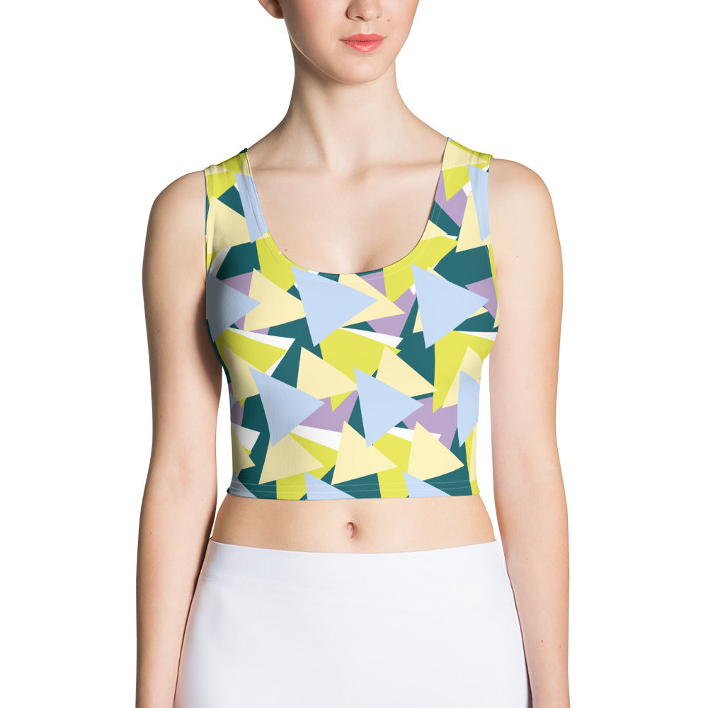 Good Wishes 365 sleeveless crop top featuring a vibrant geometric triangle pattern in lime, teal, and lavender.