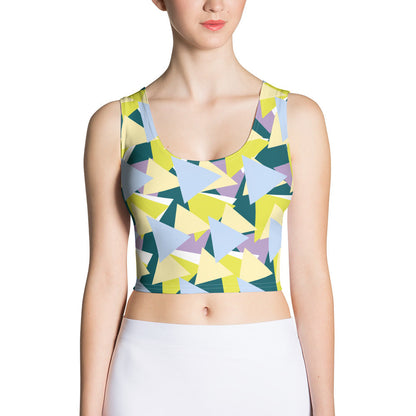 Good Wishes 365 sleeveless crop top featuring a vibrant geometric triangle pattern in lime, teal, and lavender.