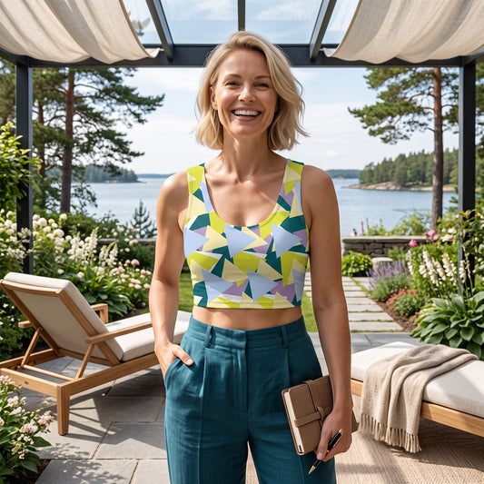 Good Wishes 365 sleeveless crop top with a lime, blue, and lavender geometric triangle print worn by a smiling woman.