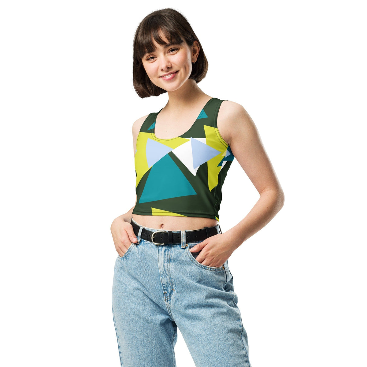 Good Wishes 365 sleeveless crop top with a vibrant olive green, yellow, and teal geometric triangle print on a model