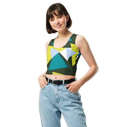 Good Wishes 365 sleeveless crop top with a vibrant olive green, yellow, and teal geometric triangle print on a model