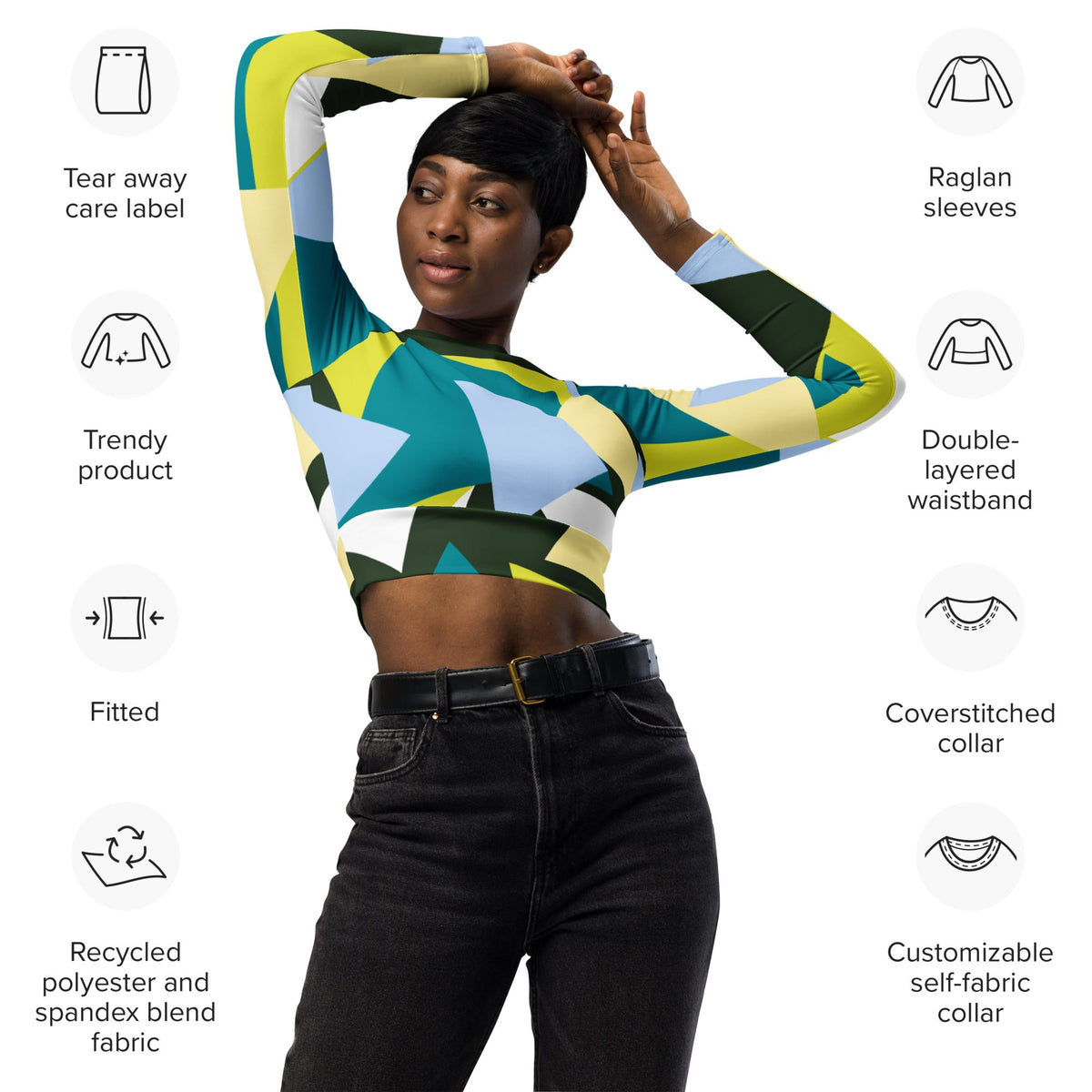 Good Wishes 365 geometric print long-sleeve crop top in green, lime, and blue worn by a model with black jeans.