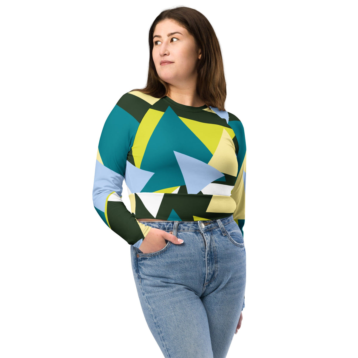 Good Wishes 365 long-sleeve crop top with a geometric triangle print in forest green, lime, and sky blue on a model.