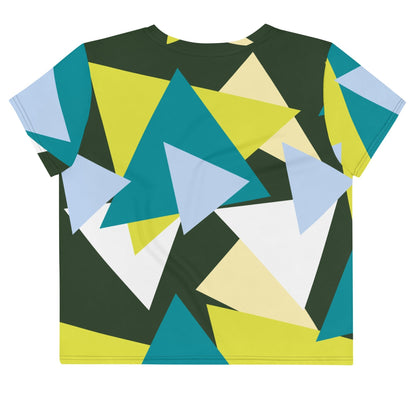Good Wishes 365 short sleeve crop top featuring a vibrant forest green, lime, and sky blue geometric triangle print.