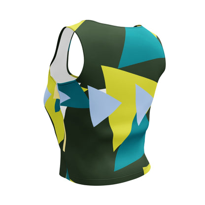 Good Wishes 365 sleeveless crop top with a vibrant geometric triangle print in olive, yellow, teal, and soft blue.