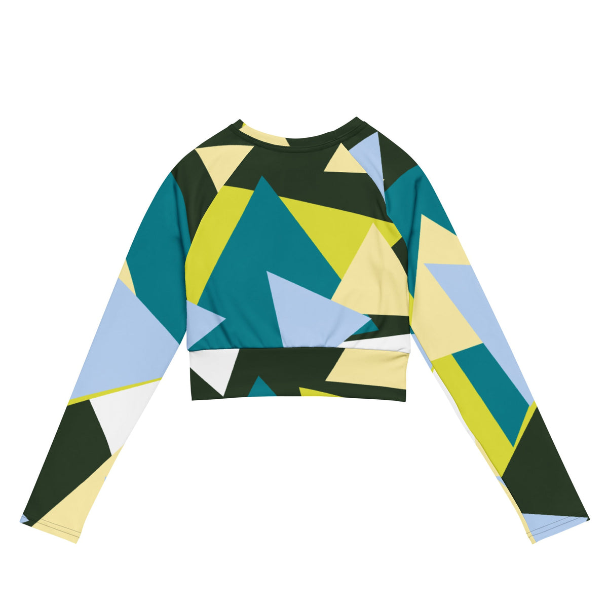 Good Wishes 365 recycled long-sleeve crop top with a geometric triangle print in forest green, lime, and sky blue.