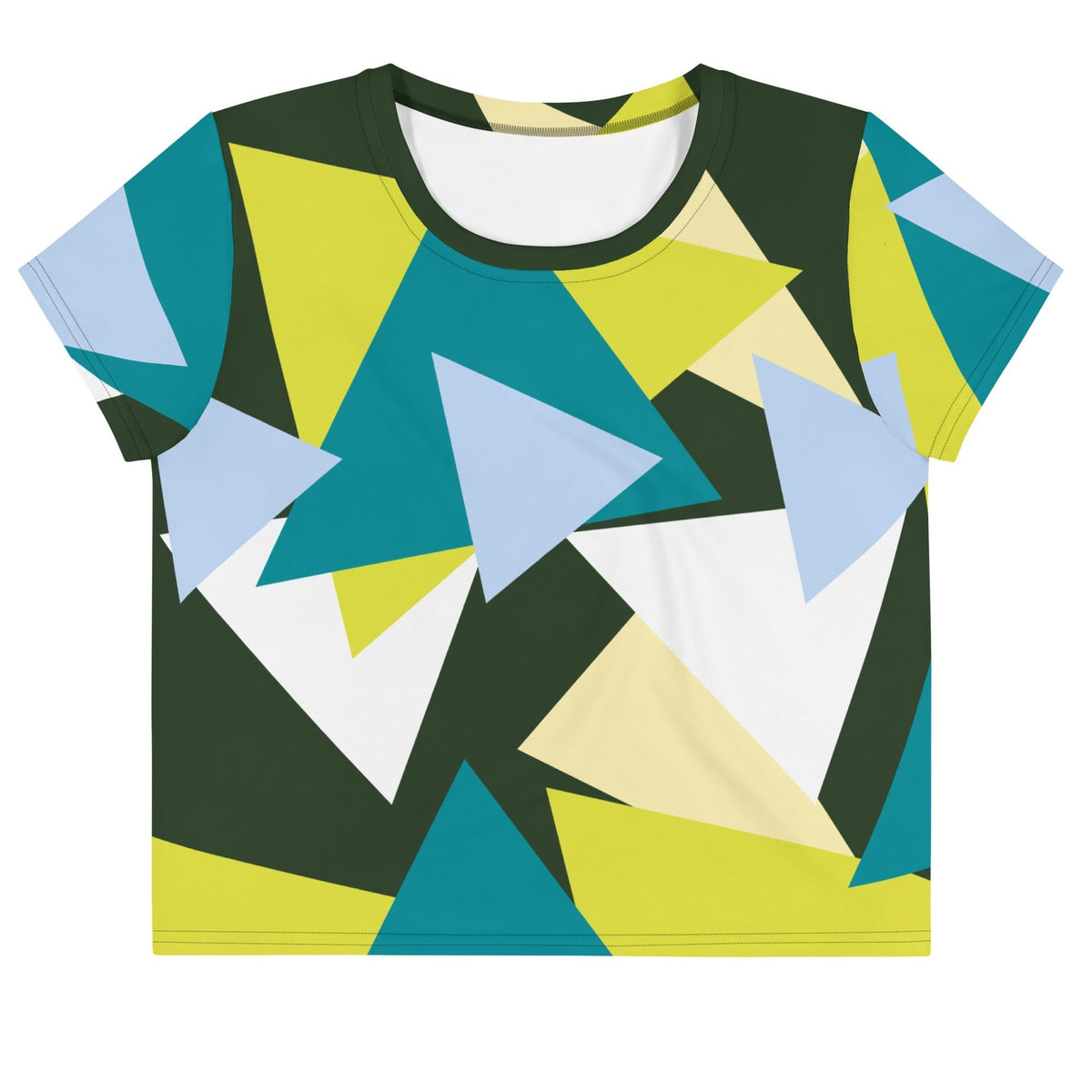 Good Wishes 365 crop top featuring a forest green, lime, and sky blue abstract geometric triangle print.