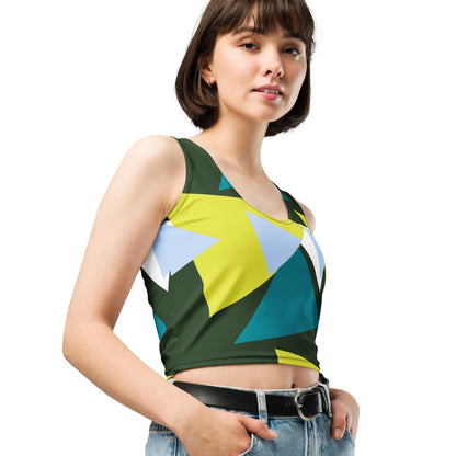 Good Wishes 365 sleeveless crop top with a vibrant geometric triangle print in olive, yellow, teal, and blue.