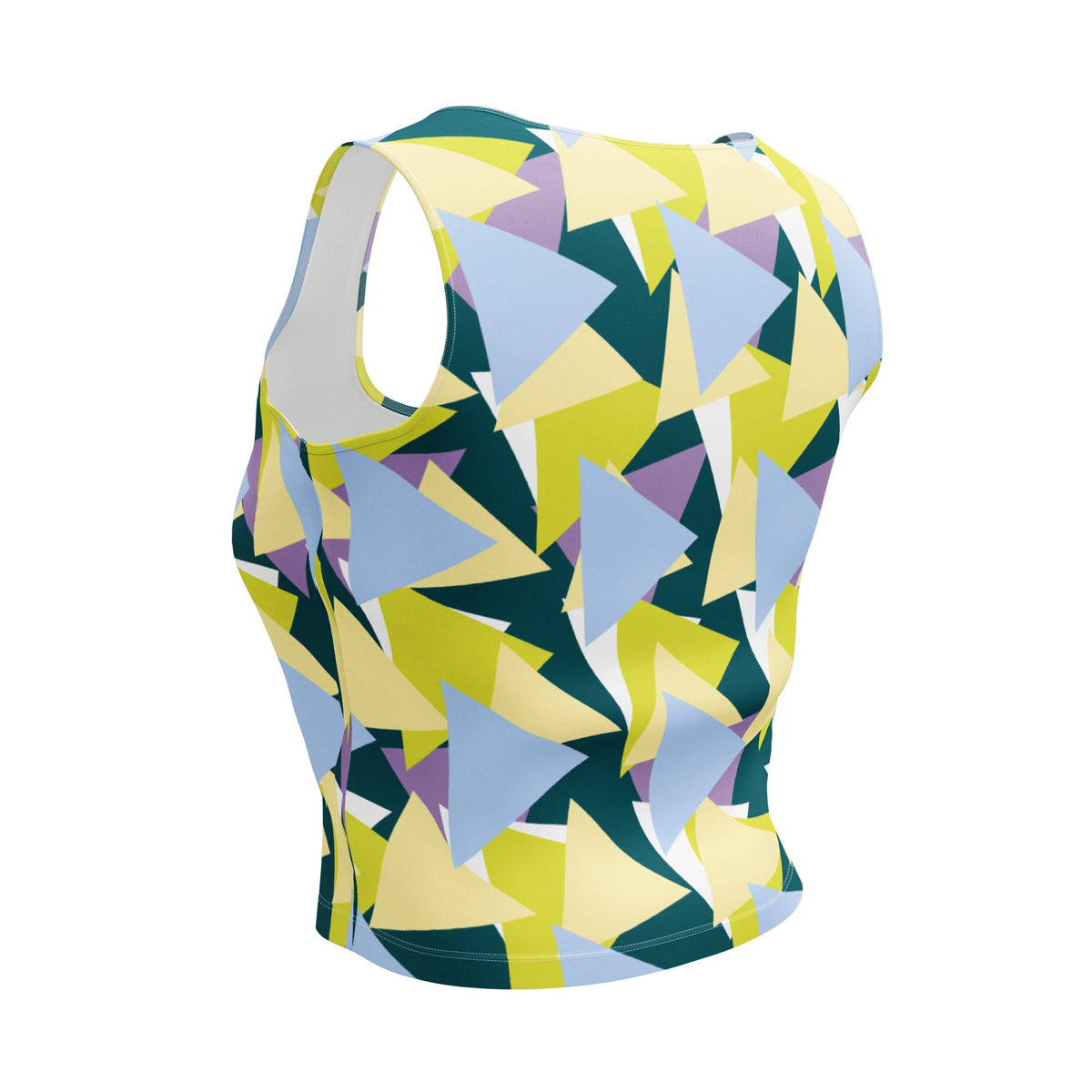 Good Wishes 365 sleeveless crop top featuring an all-over geometric triangle print in lime, blue, teal, and lavender.