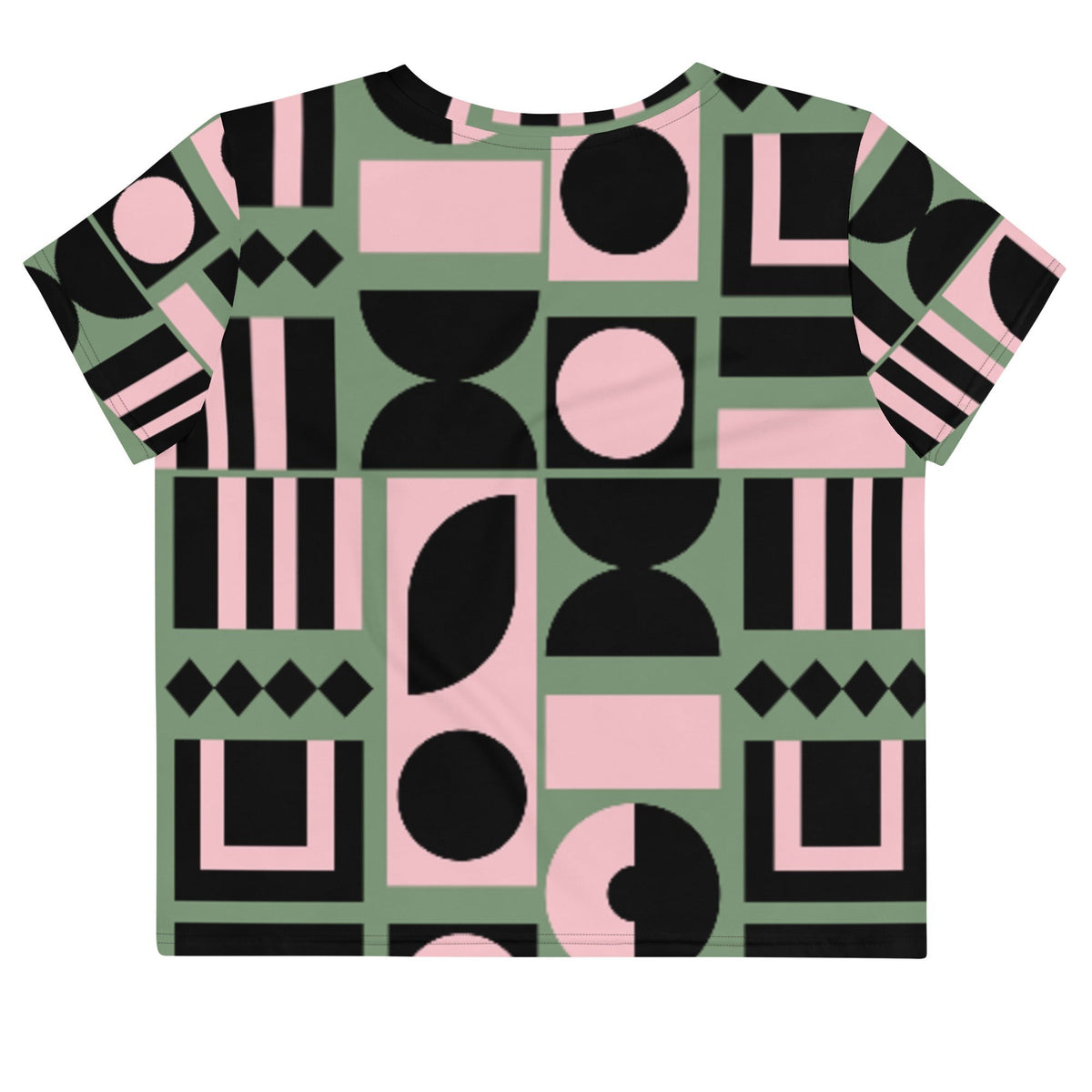 Good Wishes 365 cropped t-shirt with a sage green, pink, and black abstract geometric print and crew neckline.