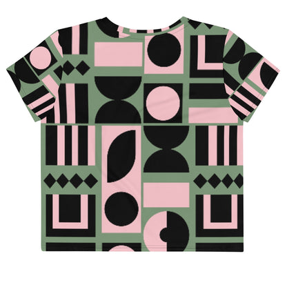 Good Wishes 365 cropped t-shirt with a sage green, pink, and black abstract geometric print and crew neckline.