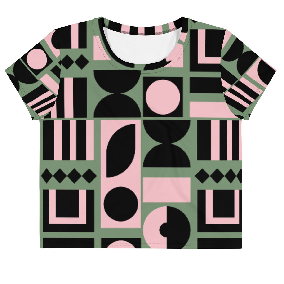 Good Wishes 365 cropped t-shirt featuring a sage green, pink, and black abstract geometric print with a crew neckline.
