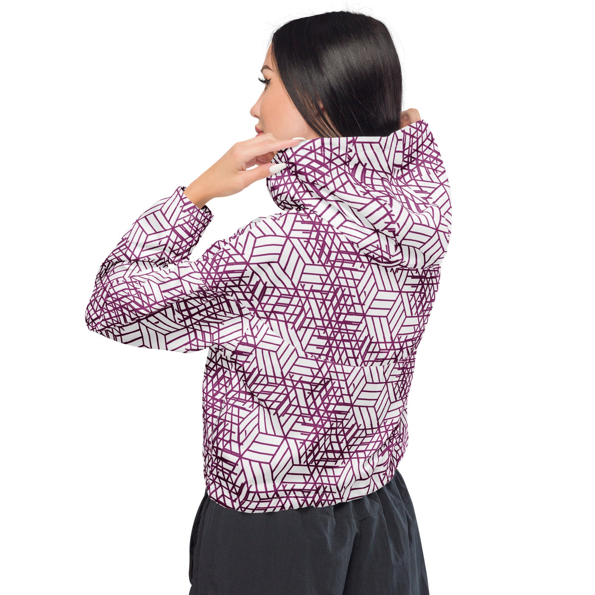 Good Wishes 365 women's cropped windbreaker with a purple and white geometric trapezoidal pattern and hood