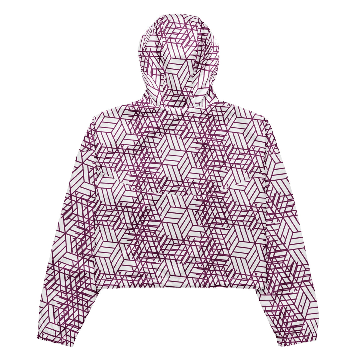 Good Wishes 365 women's cropped windbreaker with a purple and white geometric trapezoidal pattern, back view.