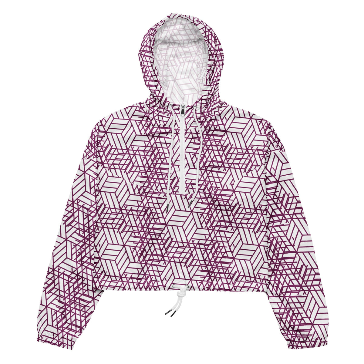 Good Wishes 365 women's cropped windbreaker with a purple and white geometric trapezoidal pattern and half-zip hood.