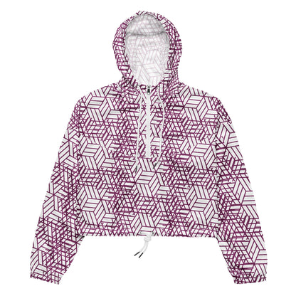 Good Wishes 365 women's cropped windbreaker with a purple and white geometric trapezoidal pattern and half-zip hood.