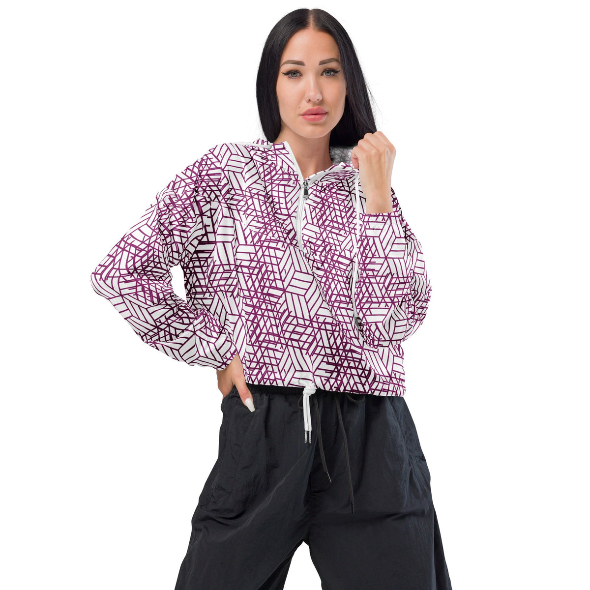 Good Wishes 365 women's cropped windbreaker with a purple trapezoidal geometric print, hood, and half-zip front.