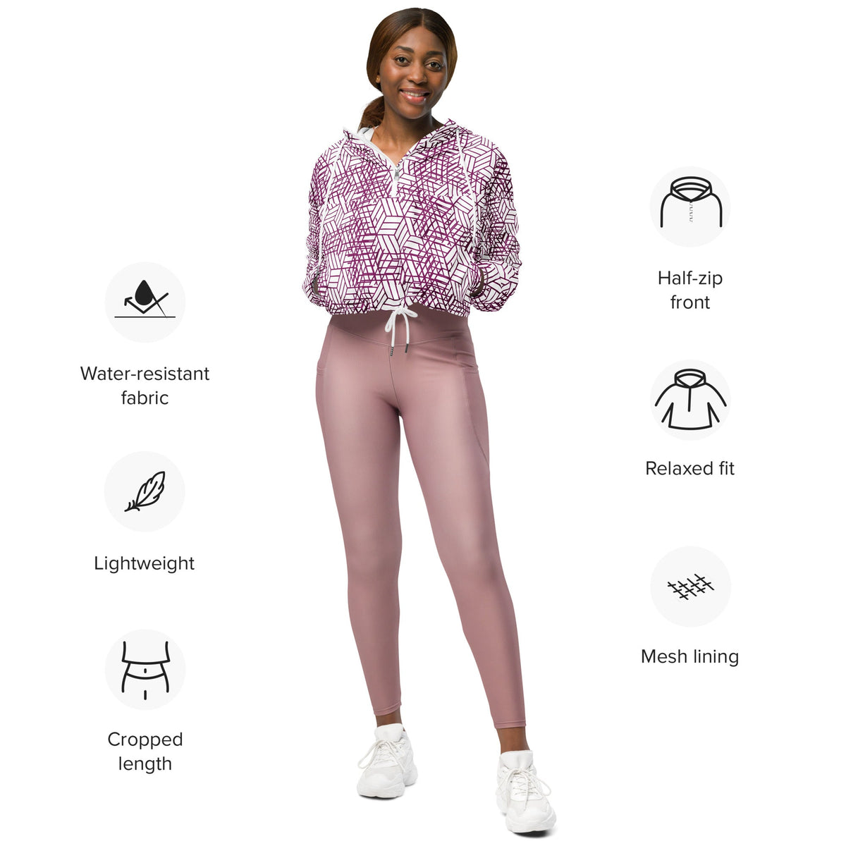 Good Wishes 365 women's cropped windbreaker with purple geometric trapezoidal print, half-zip, and drawstring hem.