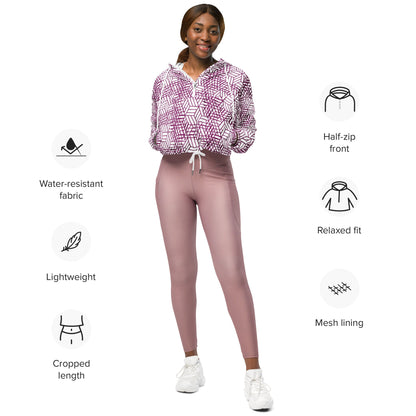 Good Wishes 365 women's cropped windbreaker with purple geometric trapezoidal print, half-zip, and drawstring hem.