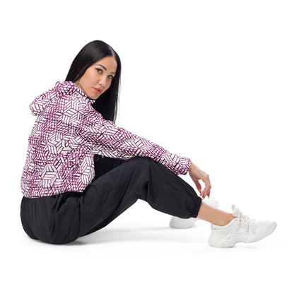 Good Wishes 365 cropped windbreaker with purple geometric trapezoidal print, hood, and half-zip, worn by a model.